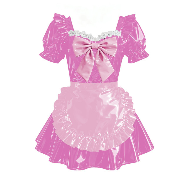 Sweet Bowtie Puff Short Sleeve Maid Uniforms Vinyl PVC Leather Pleated Short Evening Dress Sissy Cosplay Party Lolita Prom Dress