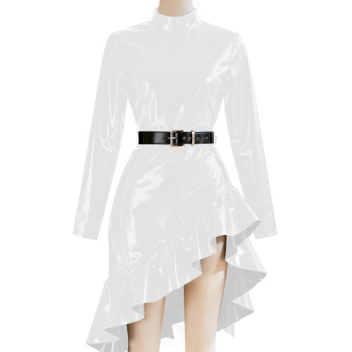 Chic Mock Neck Ruffle Irregular Midi Dress Women Solid High Waist Pleated PVC Shiny Dresses Long Sleeve  Evening Banquet Dress