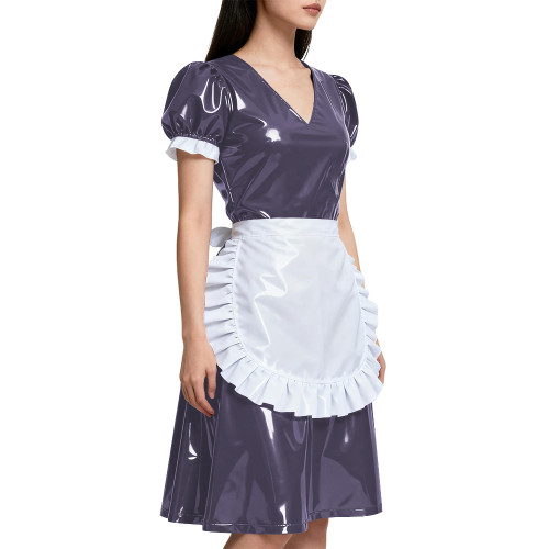 Short Sleeve Elegant Maid Outfits for Womens Anime Apron Maid Role Play Knee-length Dress Vinyl PVC Leather Cosplay Maid Uniform