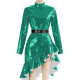 Chic Mock Neck Ruffle Irregular Midi Dress Women Solid High Waist Pleated PVC Shiny Dresses Long Sleeve  Evening Banquet Dress