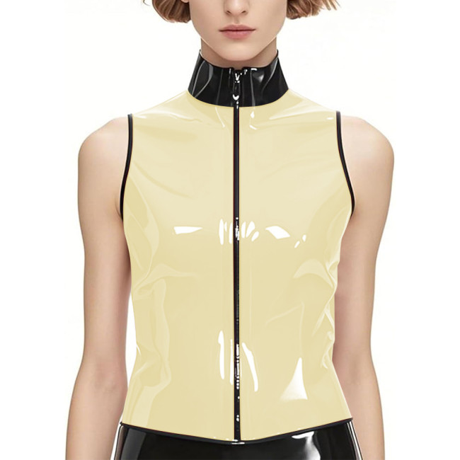 Punk PVC Shiny Leather Stand Collar Tank Tops Wetlook Zipper Front Vest Top Womens Mens Slim Sleeveless Jacket Club Costumes