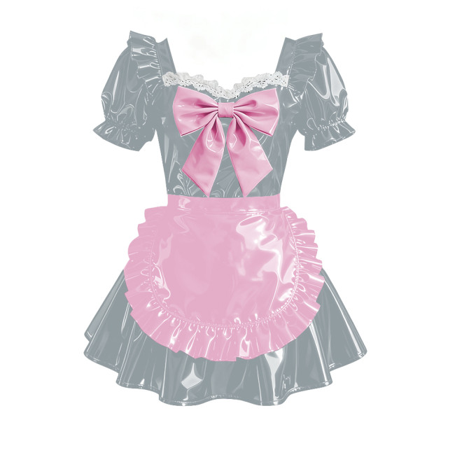 Sweet Bowtie Puff Short Sleeve Maid Uniforms Vinyl PVC Leather Pleated Short Evening Dress Sissy Cosplay Party Lolita Prom Dress