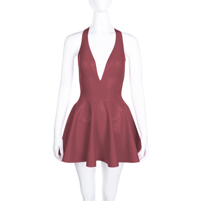High Waist A-line Pleated Dress for Women Smoothing PVC Leather Halter Mini Dress Sexy V Neck Backless Club Party Short Dresses
