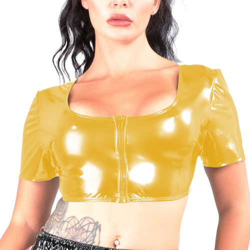 High Street Vinyl PVC Leather Short Tops Short Sleeves Zipper Front Crop T-shirt Punk Motorbike Girl T-shirts Plus Size Clothing