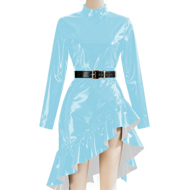 Chic Mock Neck Ruffle Irregular Midi Dress Women Solid High Waist Pleated PVC Shiny Dresses Long Sleeve  Evening Banquet Dress