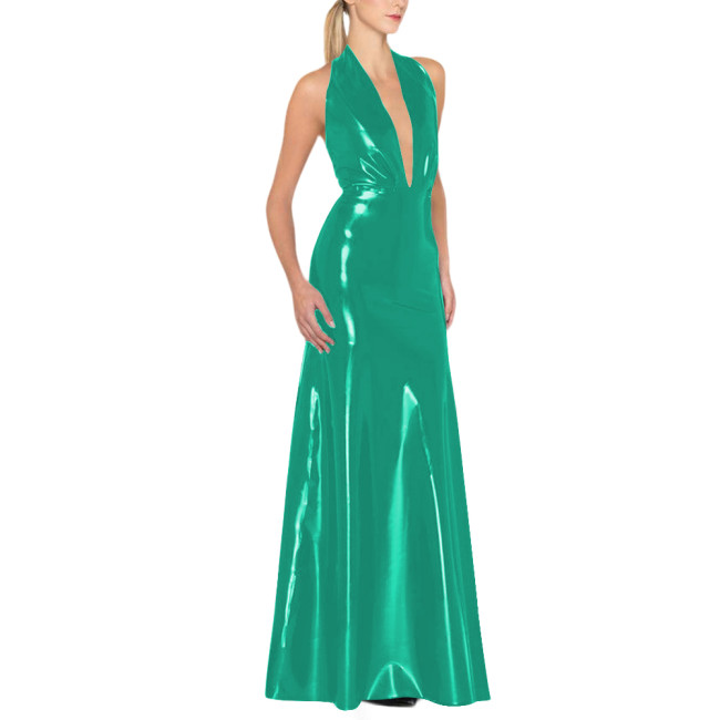 Womens Backless Sexy Maxi Dress Latex-look Party Halter Deep V Neck Sleeveless Long Dresses Glossy PVC High Waist Elegant Dress