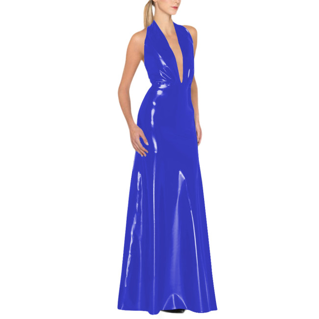 Womens Backless Sexy Maxi Dress Latex-look Party Halter Deep V Neck Sleeveless Long Dresses Glossy PVC High Waist Elegant Dress