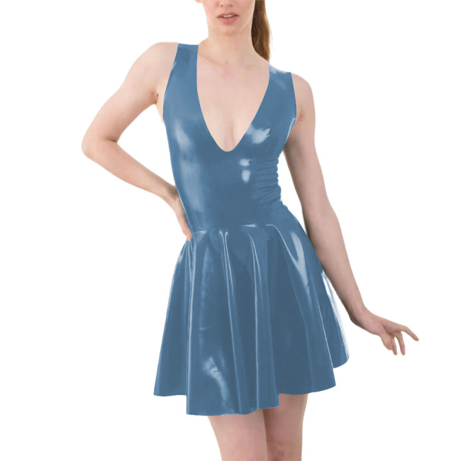 Vinyl Sleeveless Womens A-line Dress Sexy V Neck PVC Glossy Leather Pleated Casual Dresses Female Latex-look Sundress Clubwear