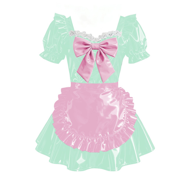Sweet Bowtie Puff Short Sleeve Maid Uniforms Vinyl PVC Leather Pleated Short Evening Dress Sissy Cosplay Party Lolita Prom Dress