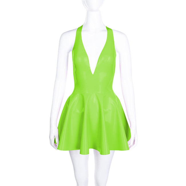 High Waist A-line Pleated Dress for Women Smoothing PVC Leather Halter Mini Dress Sexy V Neck Backless Club Party Short Dresses