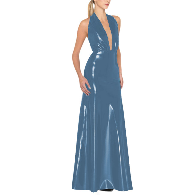 Womens Backless Sexy Maxi Dress Latex-look Party Halter Deep V Neck Sleeveless Long Dresses Glossy PVC High Waist Elegant Dress