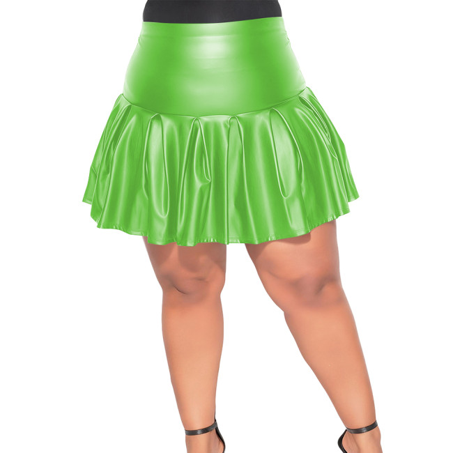 Plus Size Fashion Mini Pleated Skirts PU Matte Leather Gothic Streetwear High Waist Slim and Flared Skirt Women Punk Short Skirt