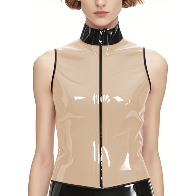 Punk PVC Shiny Leather Stand Collar Tank Tops Wetlook Zipper Front Vest Top Womens Mens Slim Sleeveless Jacket Club Costumes