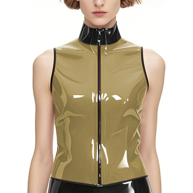Punk PVC Shiny Leather Stand Collar Tank Tops Wetlook Zipper Front Vest Top Womens Mens Slim Sleeveless Jacket Club Costumes
