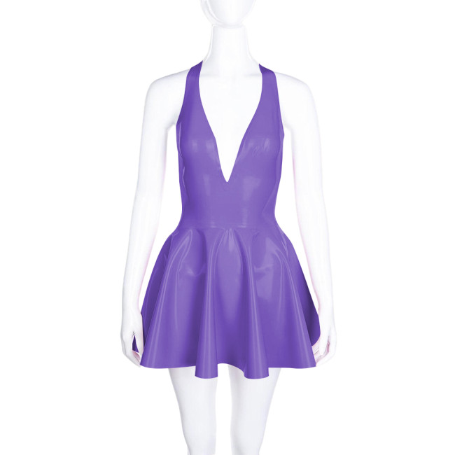 High Waist A-line Pleated Dress for Women Smoothing PVC Leather Halter Mini Dress Sexy V Neck Backless Club Party Short Dresses