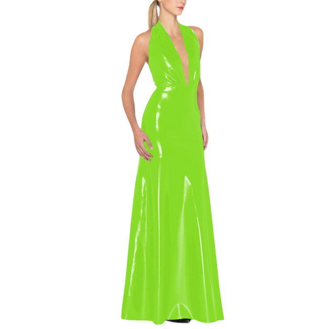 Womens Backless Sexy Maxi Dress Latex-look Party Halter Deep V Neck Sleeveless Long Dresses Glossy PVC High Waist Elegant Dress