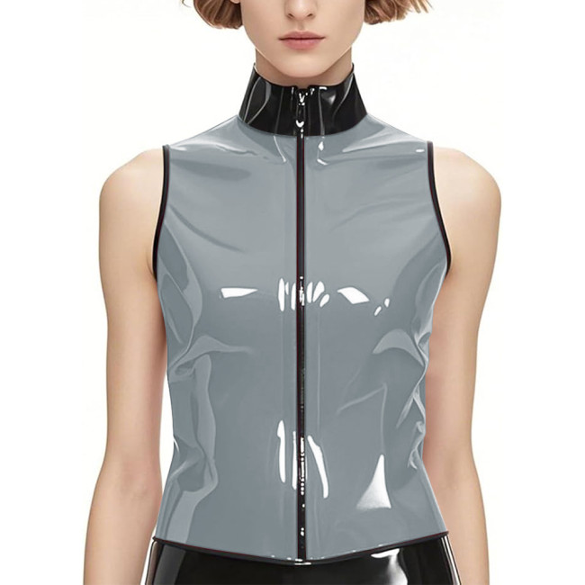 Punk PVC Shiny Leather Stand Collar Tank Tops Wetlook Zipper Front Vest Top Womens Mens Slim Sleeveless Jacket Club Costumes