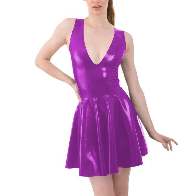 Vinyl Sleeveless Womens A-line Dress Sexy V Neck PVC Glossy Leather Pleated Casual Dresses Female Latex-look Sundress Clubwear