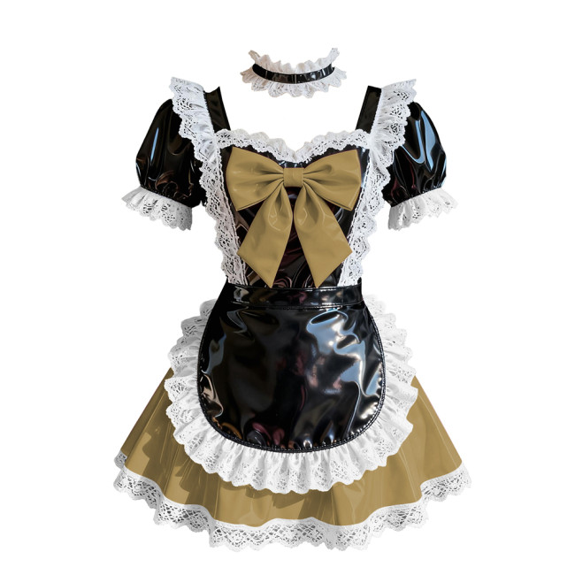 Wetlook Sweet Party Cosplay Maid Prom Dress Short Sleeve Lolita Bow Pleated Mini Dress Glossy PVC Leather French Maid Uniforms