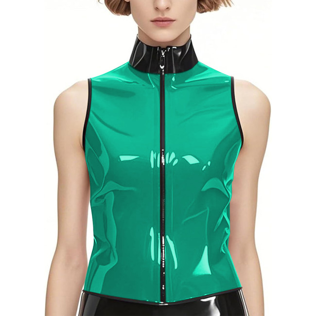 Punk PVC Shiny Leather Stand Collar Tank Tops Wetlook Zipper Front Vest Top Womens Mens Slim Sleeveless Jacket Club Costumes