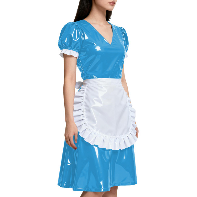 Short Sleeve Elegant Maid Outfits for Womens Anime Apron Maid Role Play Knee-length Dress Vinyl PVC Leather Cosplay Maid Uniform