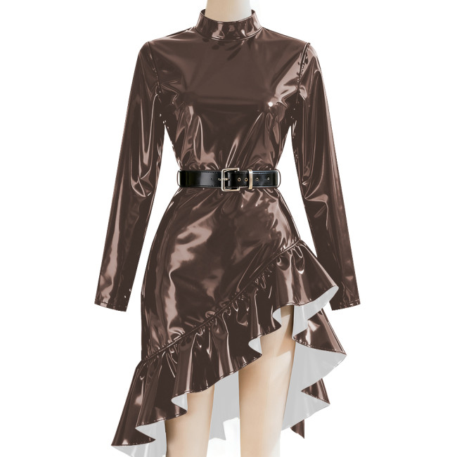 Chic Mock Neck Ruffle Irregular Midi Dress Women Solid High Waist Pleated PVC Shiny Dresses Long Sleeve  Evening Banquet Dress