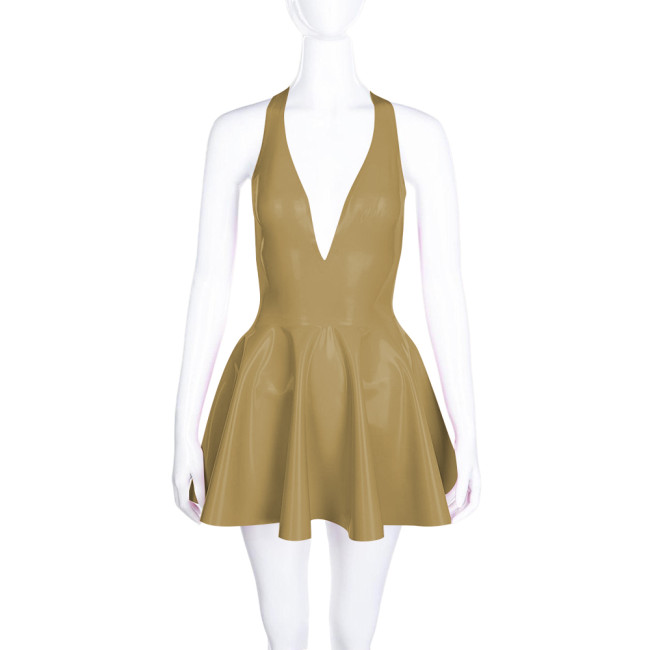 High Waist A-line Pleated Dress for Women Smoothing PVC Leather Halter Mini Dress Sexy V Neck Backless Club Party Short Dresses