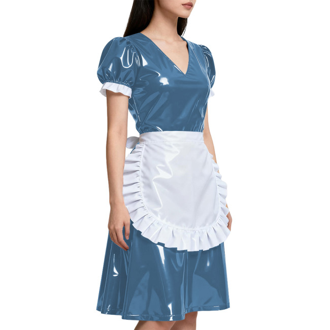 Short Sleeve Elegant Maid Outfits for Womens Anime Apron Maid Role Play Knee-length Dress Vinyl PVC Leather Cosplay Maid Uniform