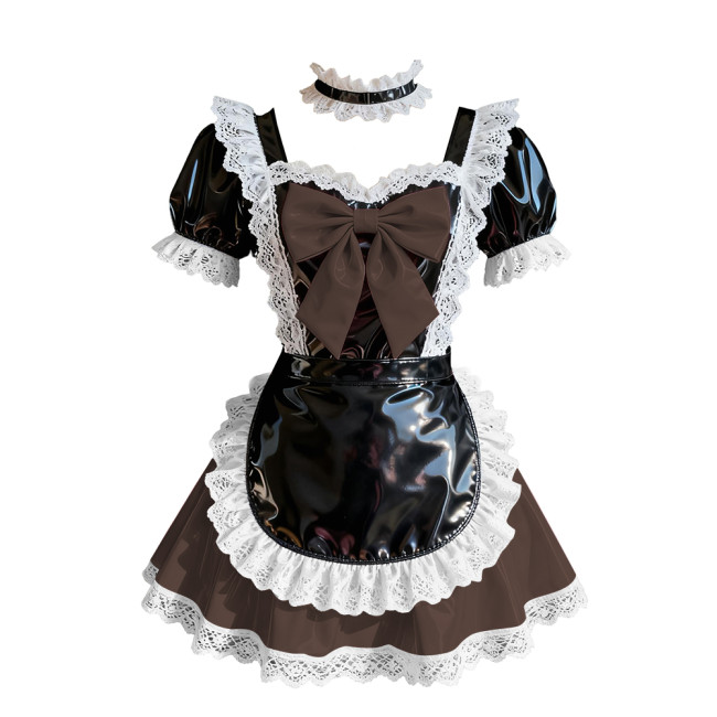Wetlook Sweet Party Cosplay Maid Prom Dress Short Sleeve Lolita Bow Pleated Mini Dress Glossy PVC Leather French Maid Uniforms
