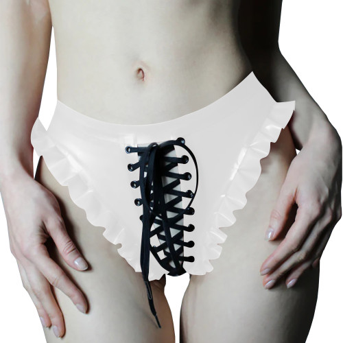 Women PVC Vinyl Leather Cut Out Thongs Briefs Wet Look Lace-up Underwear Exoitc Zipper Open Crotch Panties Sexy Nightclub Wear