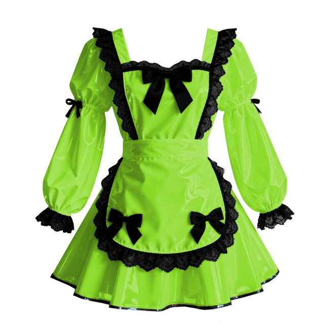 Sissy Cosplay Lace Trims Maid Prom Dress with Apron Puff Sleeve Halloween Gothic Lolita Evening Dress PVC Shiny Maid Uniform