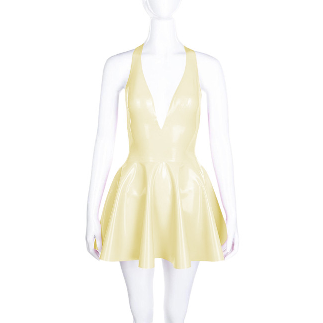 High Waist A-line Pleated Dress for Women Smoothing PVC Leather Halter Mini Dress Sexy V Neck Backless Club Party Short Dresses