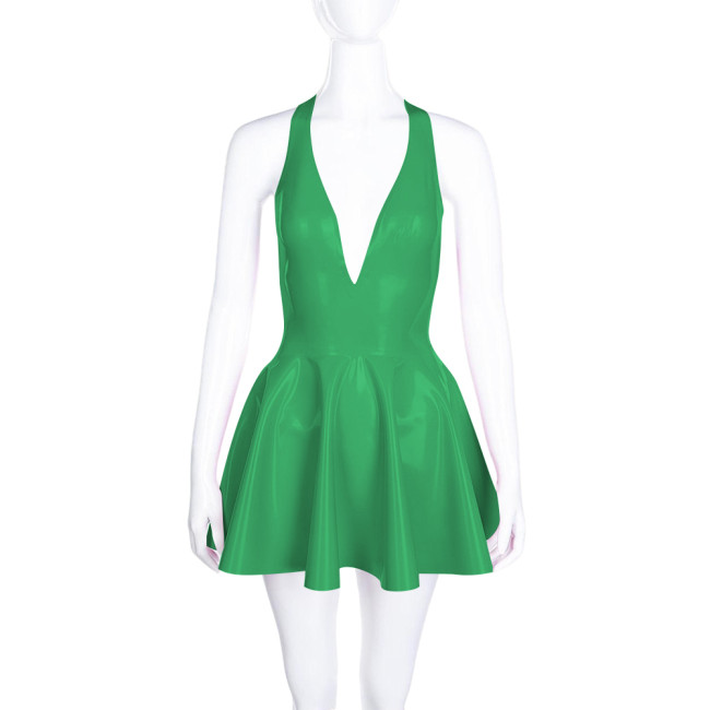 High Waist A-line Pleated Dress for Women Smoothing PVC Leather Halter Mini Dress Sexy V Neck Backless Club Party Short Dresses