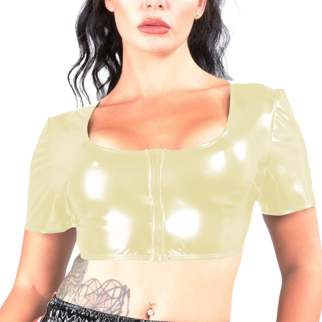 High Street Vinyl PVC Leather Short Tops Short Sleeves Zipper Front Crop T-shirt Punk Motorbike Girl T-shirts Plus Size Clothing