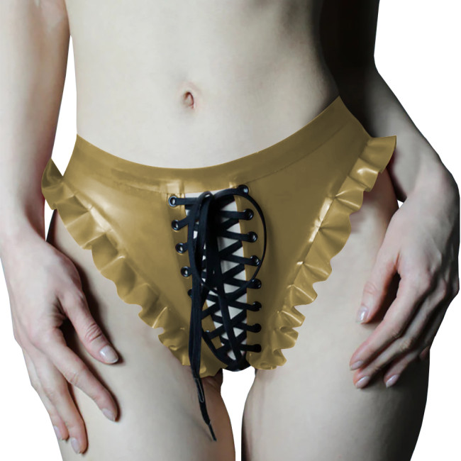 Women PVC Vinyl Leather Cut Out Thongs Briefs Wet Look Lace-up Underwear Exoitc Zipper Open Crotch Panties Sexy Nightclub Wear