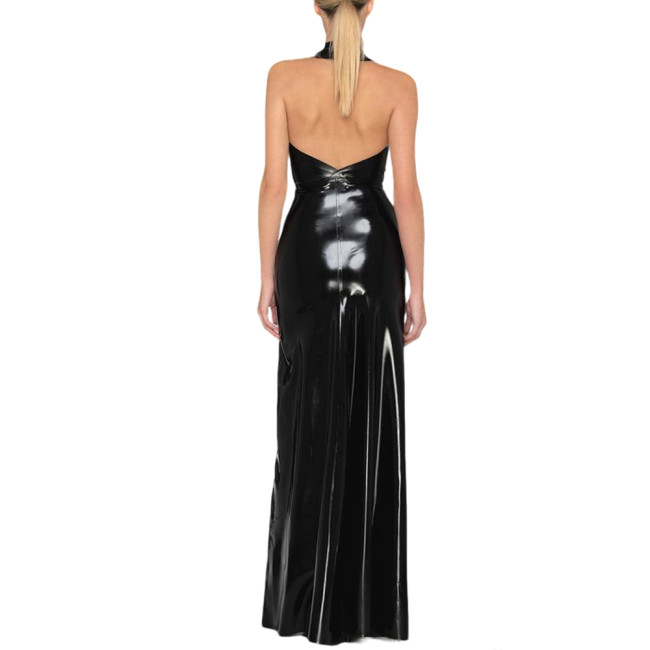 Womens Backless Sexy Maxi Dress Latex-look Party Halter Deep V Neck Sleeveless Long Dresses Glossy PVC High Waist Elegant Dress