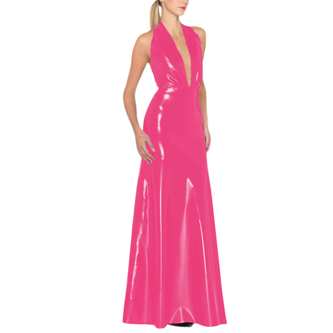 Womens Backless Sexy Maxi Dress Latex-look Party Halter Deep V Neck Sleeveless Long Dresses Glossy PVC High Waist Elegant Dress