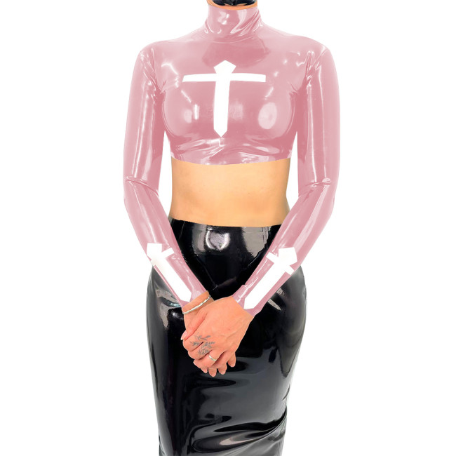 Gothic Nun Cosplay Short T-shirt for Women Punk Streetwear Wetlook Cross Print Long Sleeve Croped Tops Party Turtleneck Tee Tops