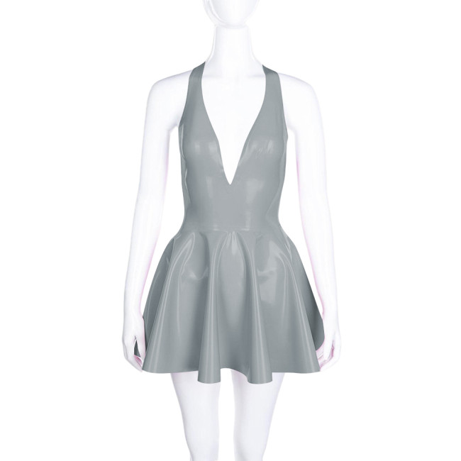 High Waist A-line Pleated Dress for Women Smoothing PVC Leather Halter Mini Dress Sexy V Neck Backless Club Party Short Dresses