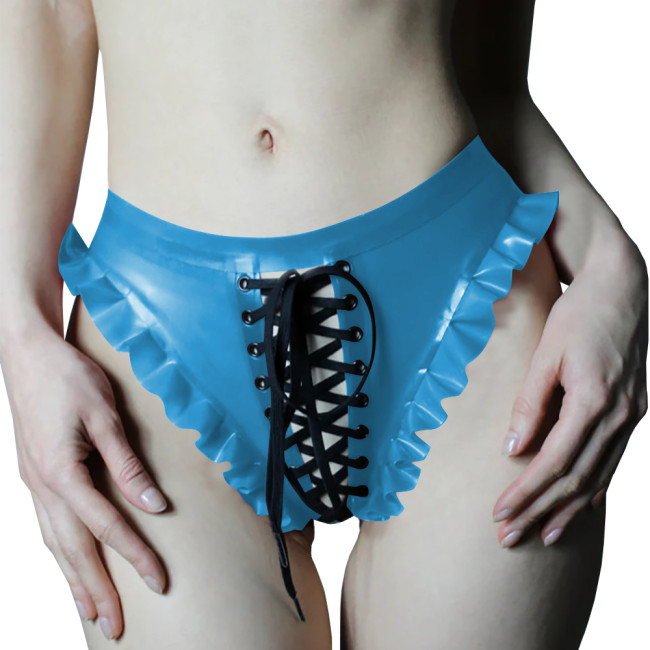 Women PVC Vinyl Leather Cut Out Thongs Briefs Wet Look Lace-up Underwear Exoitc Zipper Open Crotch Panties Sexy Nightclub Wear