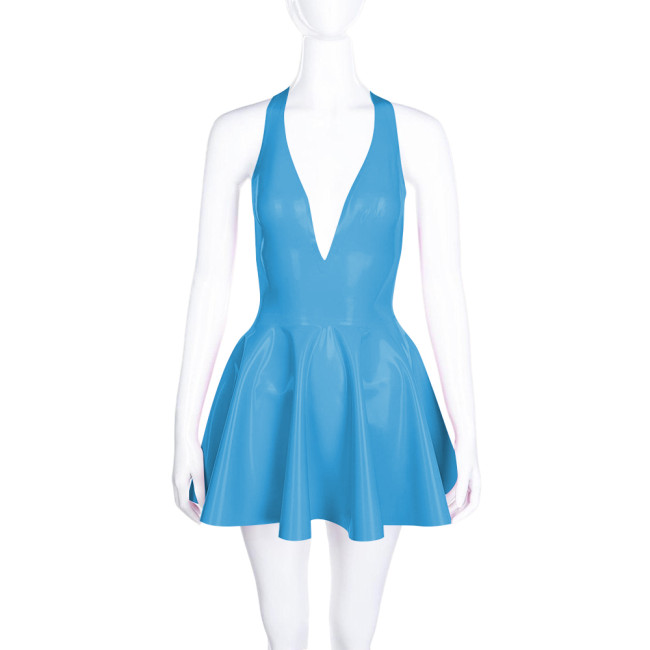 High Waist A-line Pleated Dress for Women Smoothing PVC Leather Halter Mini Dress Sexy V Neck Backless Club Party Short Dresses
