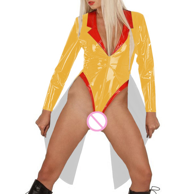 Sexy Nightclub Tuxedo Leotard Bodysuit Wetlook Lapel V-neck PVC Leather High Cut Rompers for Raves Party Costume Shiny Clubwear