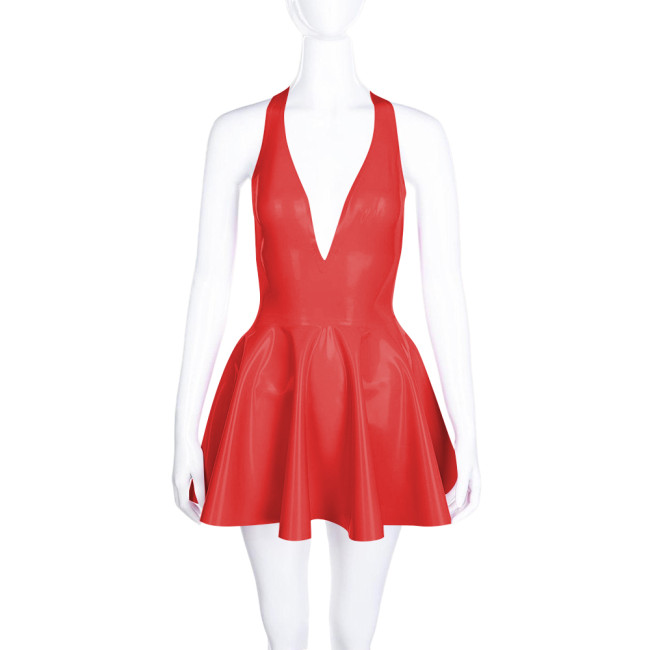 High Waist A-line Pleated Dress for Women Smoothing PVC Leather Halter Mini Dress Sexy V Neck Backless Club Party Short Dresses