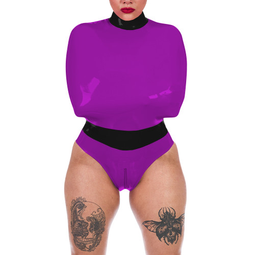 Wet Look Sexy PVC Wrap Bodysuit Sissy Exotic Sleeveless High Neck Bondage Catsuit Cosplay Zipper Open Crotch High Cut Rompers