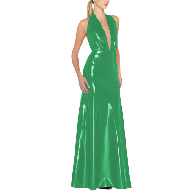 Womens Backless Sexy Maxi Dress Latex-look Party Halter Deep V Neck Sleeveless Long Dresses Glossy PVC High Waist Elegant Dress