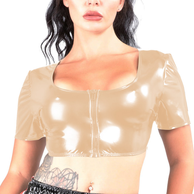 High Street Vinyl PVC Leather Short Tops Short Sleeves Zipper Front Crop T-shirt Punk Motorbike Girl T-shirts Plus Size Clothing