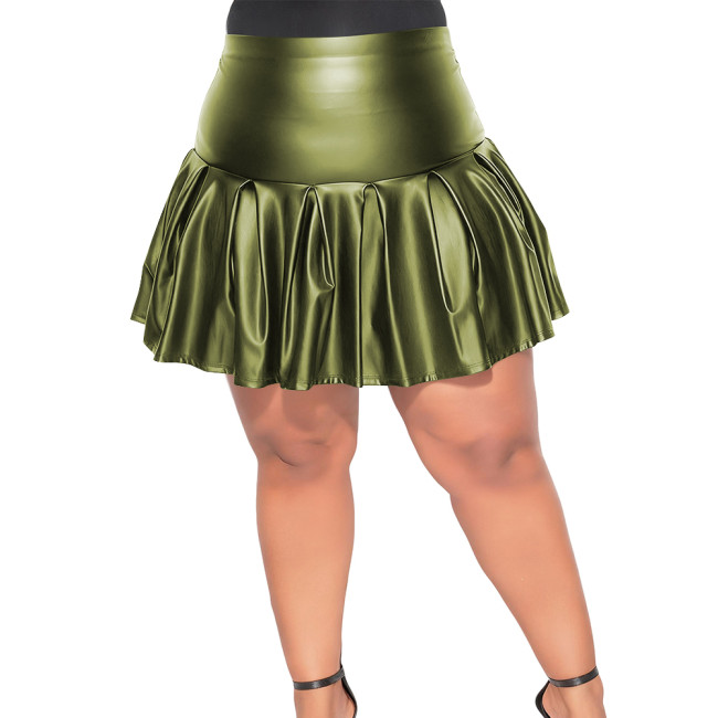 Plus Size Fashion Mini Pleated Skirts PU Matte Leather Gothic Streetwear High Waist Slim and Flared Skirt Women Punk Short Skirt