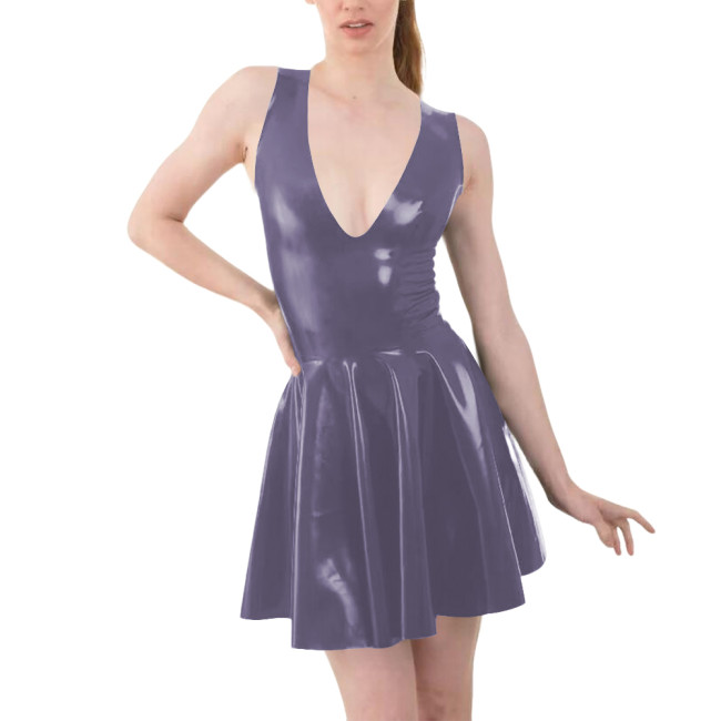 Vinyl Sleeveless Womens A-line Dress Sexy V Neck PVC Glossy Leather Pleated Casual Dresses Female Latex-look Sundress Clubwear