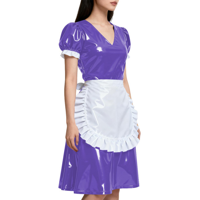 Short Sleeve Elegant Maid Outfits for Womens Anime Apron Maid Role Play Knee-length Dress Vinyl PVC Leather Cosplay Maid Uniform