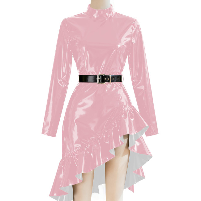 Chic Mock Neck Ruffle Irregular Midi Dress Women Solid High Waist Pleated PVC Shiny Dresses Long Sleeve  Evening Banquet Dress